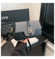 Chic black leather and grey tweed small square crossbody bag with gold G-shaped buckle - Black