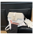 White leather and beige tweed crossbody bag with golden geometric clasp and chain strap - White