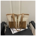 Two-tone beige canvas tote bag with brown leather trim and golden metal lock - Khaki & Brown