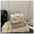 Mini beige faux leather backpack with metallic buckle straps and top handle for women - No Pendant / White