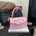 Pink strawberry print square handbag with knot handle and gold hardware crossbody strap - Strawberry Print / Pink