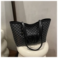 Black monogram tote bag with repeat M pattern and large central logo on white stand - No Pendant / Black