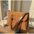 Brown faux suede messenger bag with vintage metal buckles and adjustable strap - Brown
