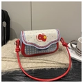 Blue and white checkered crossbody bag with red apple print and wave edge flap - Gentle Blue