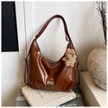 Brown vintage hobo tote bag in soft leather with a cute bear charm for daily commute - Brown with Pendant