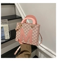 Detail of pink PU leather tote with M-letter monogram print and detachable gold strap - Pink