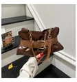 Detail of coffee brown leather tote with soft pleats, belt buckle, and gold chain strap - Coffee