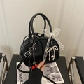 Black PU leather pillow bag with cherry and lace charms in a chic coquette style - Black