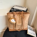 Brown large capacity tote bag with leather trim and cute plush cat pendant - Khaki With Pendant