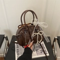 Retro leopard print Boston bag in dark brown PU leather with cherry and pearl charms - Coffee