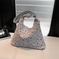 Light gray corduroy tote bag with black heart and bow prints and adjustable shoulder strap - With Pendant / Gray