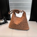 Brown corduroy hobo bag with heart and bow print featuring an adjustable shoulder strap - With Pendant / Brown