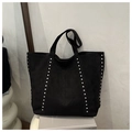 Large black suede tote bag with silver rivet decorations and long handles for women - Black