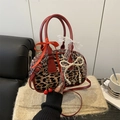Leopard print pillow bag with red leather handles and cherry pendant charm decoration - Leopard Red