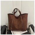 Brown faux suede tote bag featuring silver rivet trim and bohemian vintage style - Brown