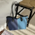 Sac cabas rétro en denim bicolore avec bandoulières en cuir noir et coutures contrastées - Bleu Contrasté (Style 1)