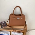 Chic brown litchi pattern small square bag with adjustable strap and silver turn lock - No Pendant / Brown