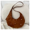Brown suede hobo shoulder bag with gold metal rivet accents and moon crescent shape - Brown