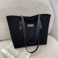 Black corduroy tote bag with leather straps and central fashion logo detail - Black