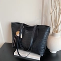 Elegant black crocodile embossed tote bag with baseball charm on decorative books - Black (With Charm)