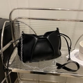 Minimalist black pleated shoulder bag with silver chain strap and drawstring details - Black