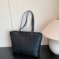 Large black crocodile pattern tote bag with long double shoulder straps for women - Black (Without Charm)