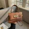 Brown litchi grain leather crossbody bag with golden metal buckle and top handle - Brown