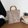 Sac cabas en toile à fleurs avec anses en bambou et motif jacquard vintage - Fleur Violette