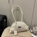 Cream white minimalist shoulder bag with thin double straps and silver metal plate - White