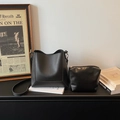 Vintage black faux leather bucket bag set with matching inner pouch for daily commute - Black