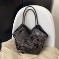 Schicke schwarze Pailletten-Tragetasche mit großen Pailletten und V-förmigem Öffnungsdesign - Schwarz