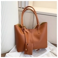 Brown minimalist tote bag in smooth leather finish with matching small card pouch - Brown
