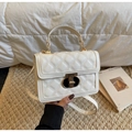 Chic beige quilted small square crossbody bag with elegant gold twist lock and top handle - Off White