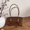 Dunkelbraune Shopper-Tasche mit Leopardenmuster aus Wildleder und Knotengriffen - Braun