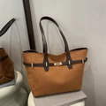 Retro bruine suède shopper met lange leren handvatten en gouden metalen accenten - Bruin