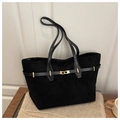 Borsa tote minimalista in pelle scamosciata nera con cinturino e fibbia dorata - Nero
