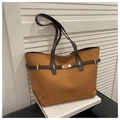 Grande borsa tote in pelle scamosciata marrone con manici sottili e fibbie in metallo - Marrone