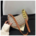 Borsa sottobraccio a mezzaluna vintage in tela monogramma e tracolla in pelle marrone - Cachi