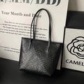 Classic black woven texture tote bag for women with dual handles and large capacity - Black