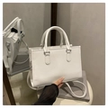 Minimalist white textured PU leather tote bag with dual handles and shoulder strap - White
