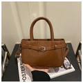 Dark brown leather small square tote bag with decorative buckle and long shoulder strap - Brown