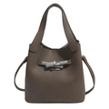 Minimalist dark brown litchi grain bucket bag with silver metal lock on white background - Gray