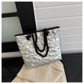 Silver metallic tote bag featuring star quilting and black rope handles in a large size - Silver