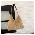 Bolso tote minimalista de felpa marrón con correa de cuero para la temporada de otoño-invierno - Caqui