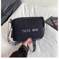 Black corduroy tote bag with TOTE BAG embroidery and geometric patterned wide shoulder strap - Black