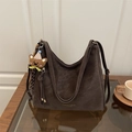 Dark brown suede tote bag featuring a cute bear plush pendant and tassel detail - Coffee with Pendant