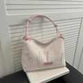 Borsa tote trapuntata crema con ricamo a onde colorate e manico rosa in pelle - Rosa