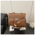 Bolso tote vintage marrón clásico con correas de cuero y cierre giratorio plateado - Marrón