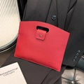Red lychee texture leather laptop briefcase with cutout handle and metal buckle closure - Red