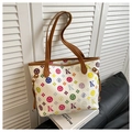Weiße Shopper Tasche mit bunten Blumenmustern und braunen Kunstledergriffen - Weiß